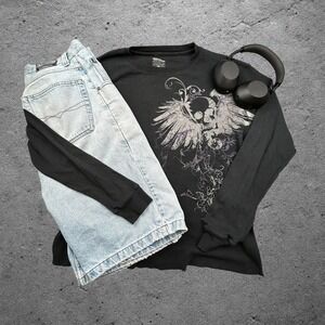 Vintage Machine Y2K Skull Wing Graphic Thermal Long‎ Sleeve Shirt Black XXL